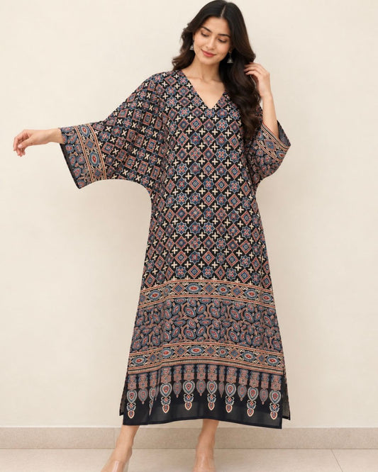Black Tbody Ajrakh Printed Dress - samasta.in #