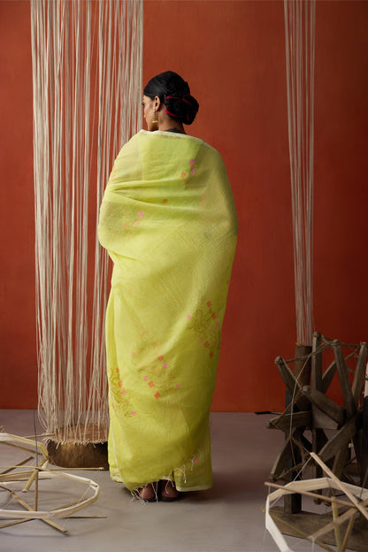Lemon Yellow Jamdani Khadi Silk Saree