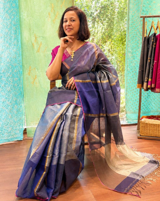 Blue Gold Striped Tissue Linen Saree