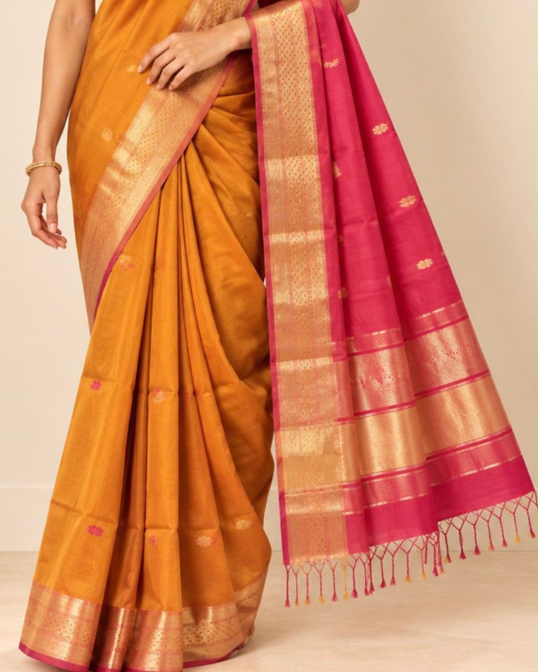 Mustard Yellow Gold Zari Border and Red Pallu with Tassels Maheshwari Silk Cotton Saree