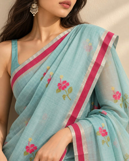 Teal Blue Pink Hibiscus Jamdani Marm Chanderi Silk Cotton Saree