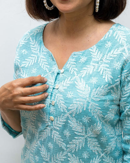 Turquoise Blue Chikankari Kota Kurta