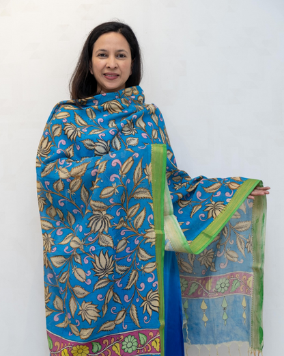 Blue 4 Pen Kalamkari Silk Dupatta
