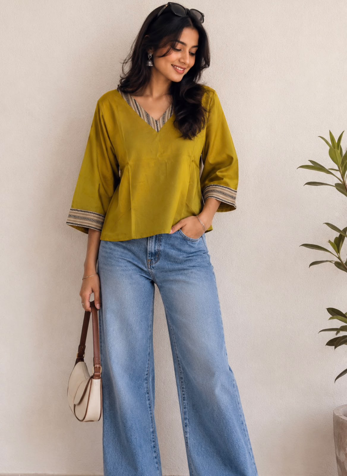 Mustard Yellow Modal V Neck Cuff Top