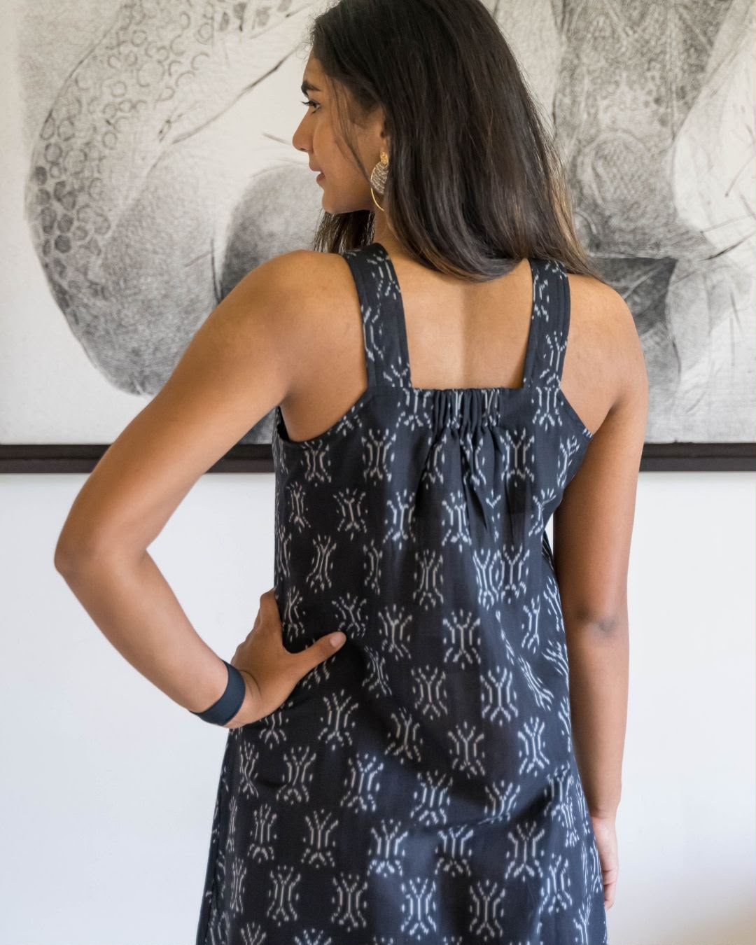 Black Sleeveless Ikat Cotton Dress