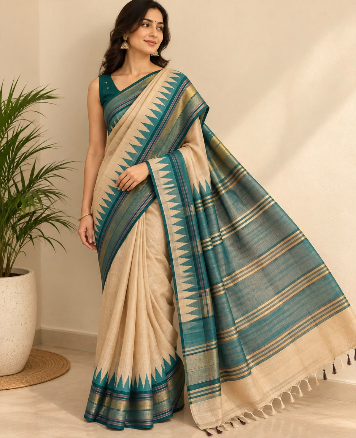 Beige Rama Blue Temple Border Chattisgarh Tussar Silk Saree