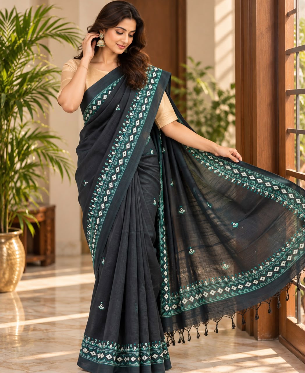 Navy Blue Kantha Embroidery Tussar Silk Saree
