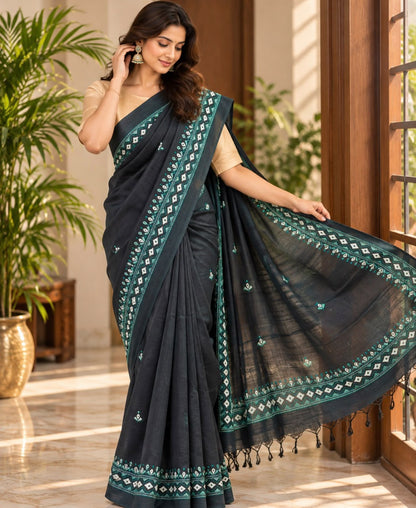 Navy Blue Kantha Embroidery Tussar Silk Saree