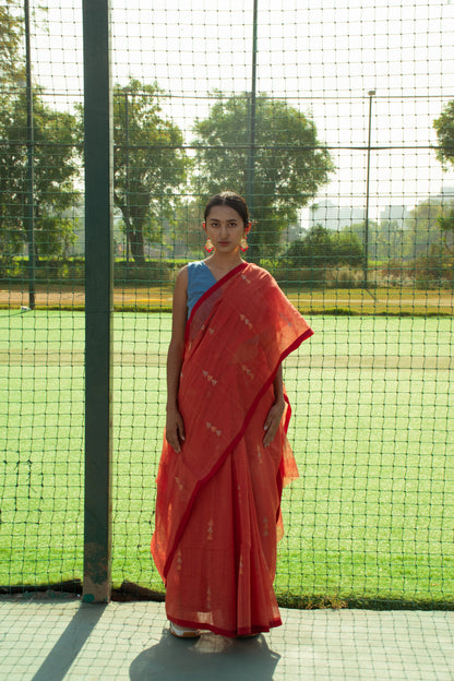 Orange Jamdani Cotton Saree