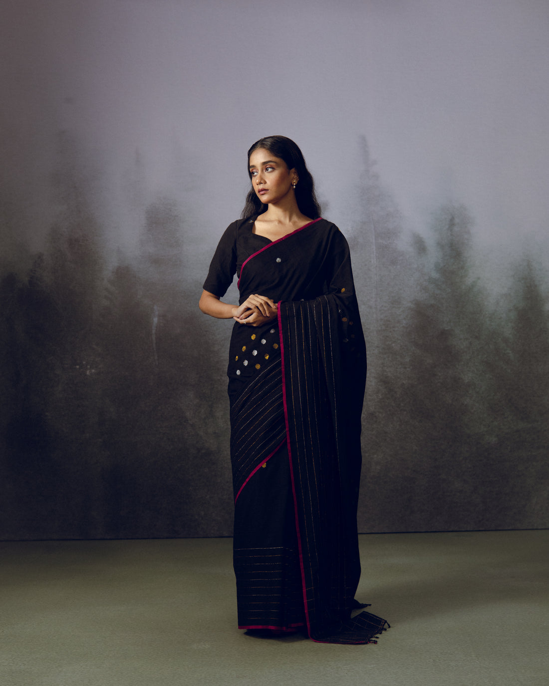 Black Zari Lines Jamdani Cotton Saree