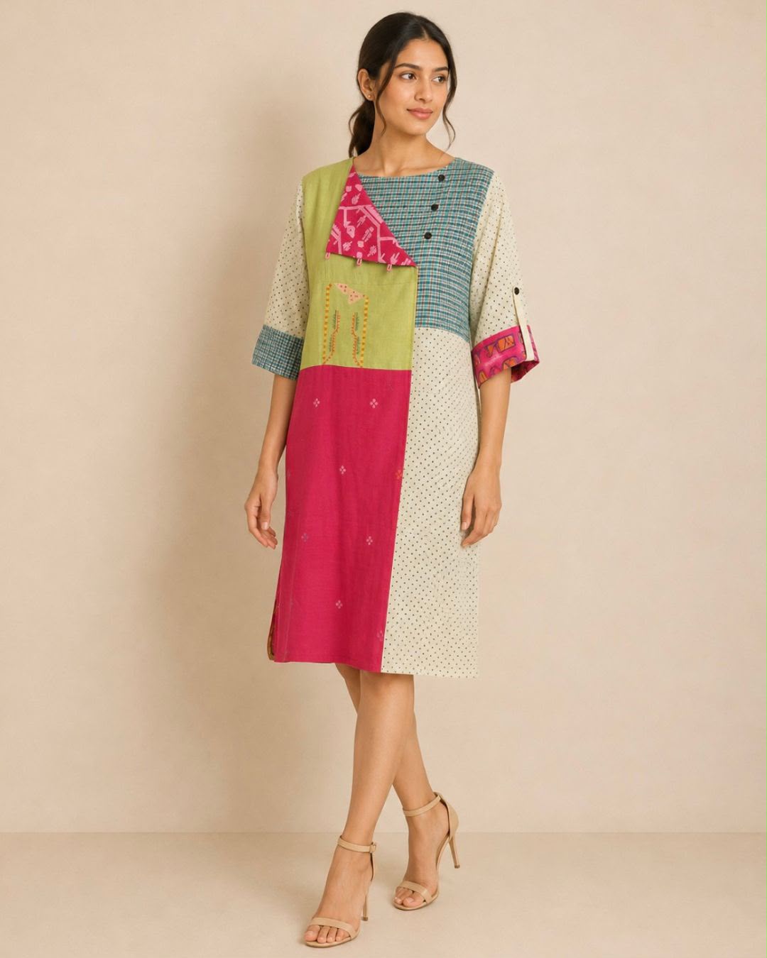 Multi Colour Patch Work Jamdani Cotton Dress
