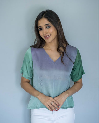 Green Grey Modal V Neck Top