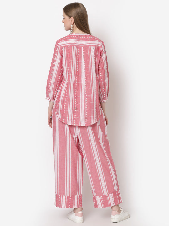 Pink White Stripe Cotton Co Ord Sets