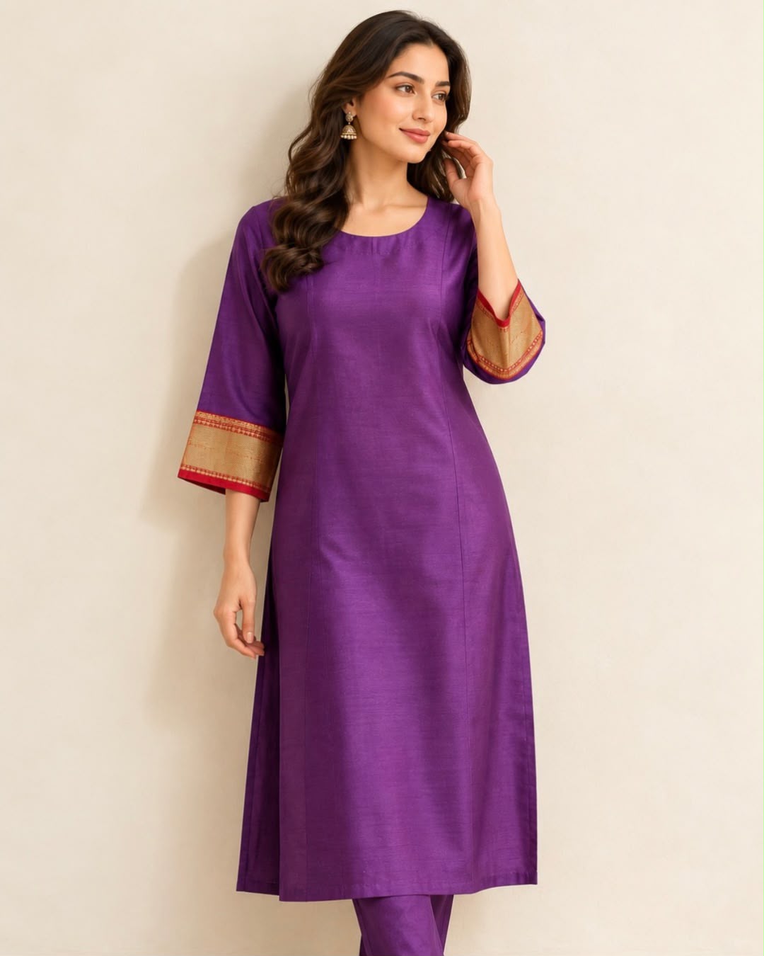 Purple Sleeve Zari Border Munga Tussar Silk A Line Dress