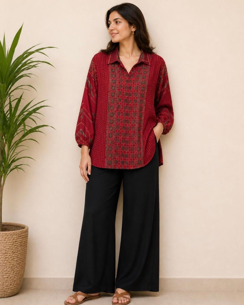 Red Shirt Collar Modal Top