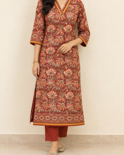 Rust V Neck Hand Block Printed Chanderi Silk Cotton Long Kurta