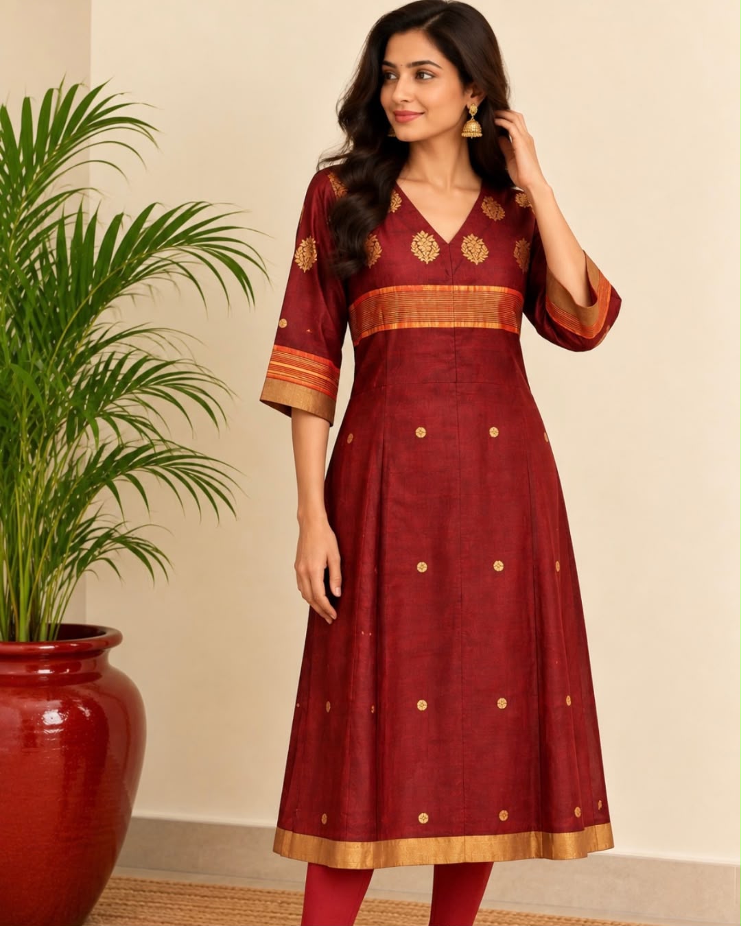 Maroon V Neck Chanderi Silk Cotton Dress
