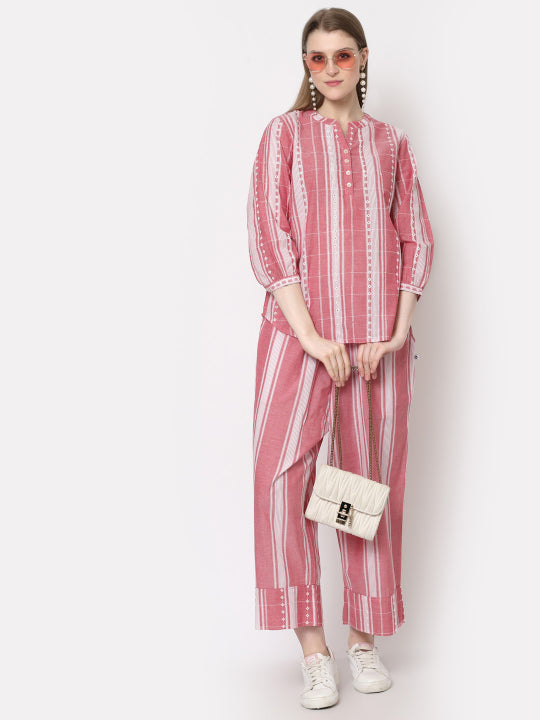 Pink White Stripe Cotton Co Ord Sets