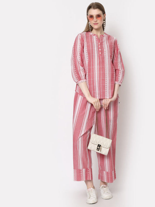 Pink White Stripe Cotton Co Ord Sets