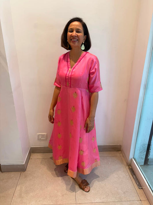 Pink Chanderi Silk Embroidery Gold Tissue Border Dress