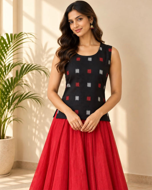 Black Round Neck Sleeveless Ikkat Cotton Blouse