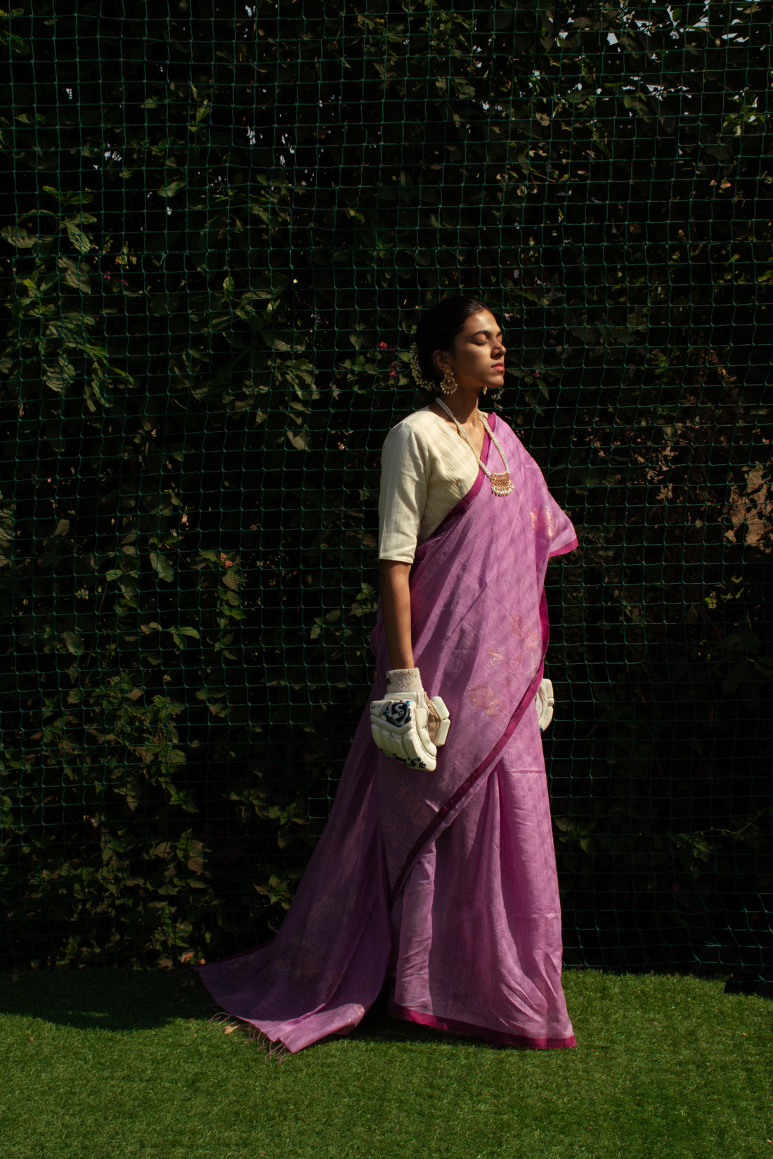 Mauve Jamdani Khadi Silk Saree