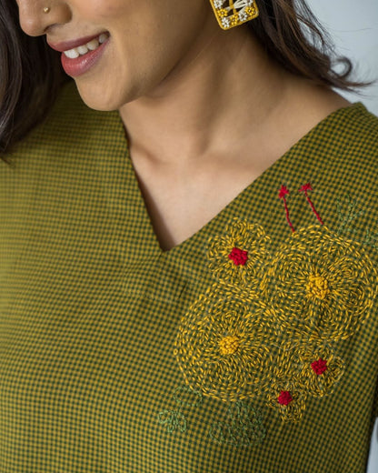 Green Checks Embroidered V Neck Sleeves Cotton Dress