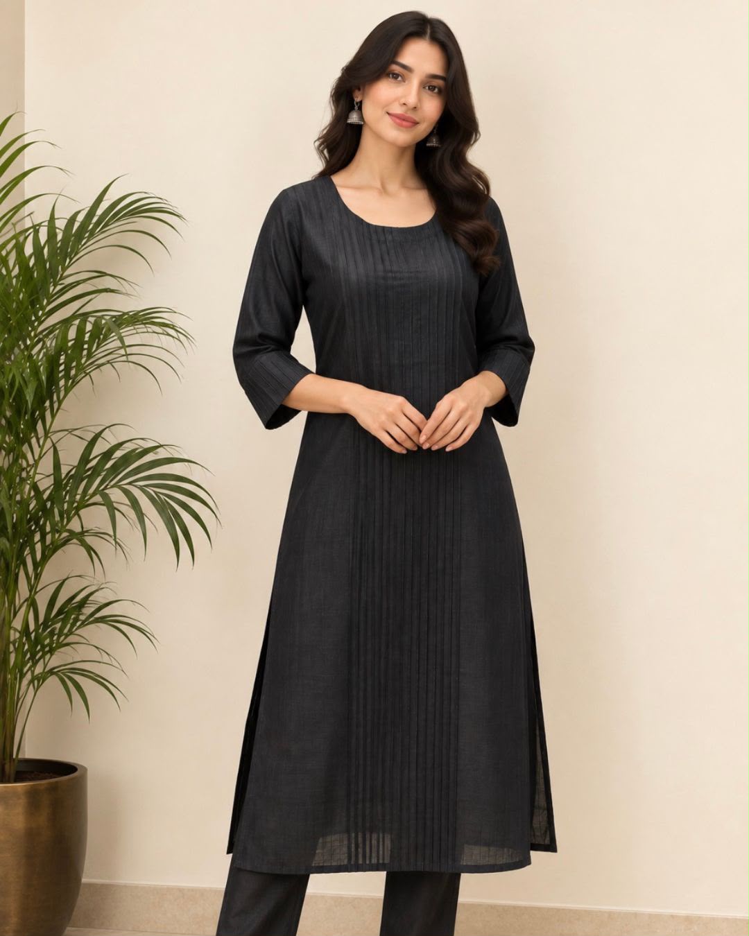 Black Pintuck Tussar Silk Cotton Long Kurta