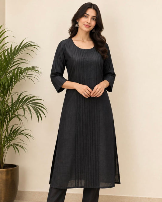 Black Pintuck Tussar Silk Cotton Long Kurta - samasta.in #