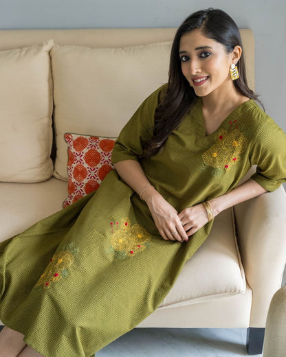 Green Checks Embroidered V Neck Sleeves Cotton Dress