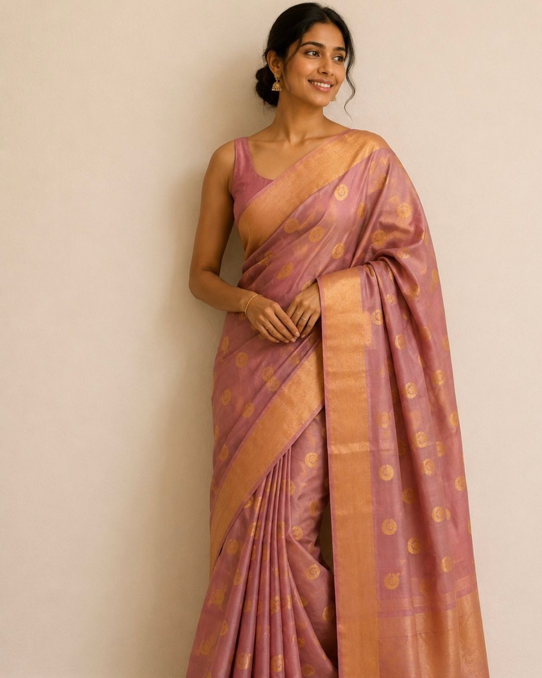 Rose Gold Moon Flower Buta Chanderi Silk Saree