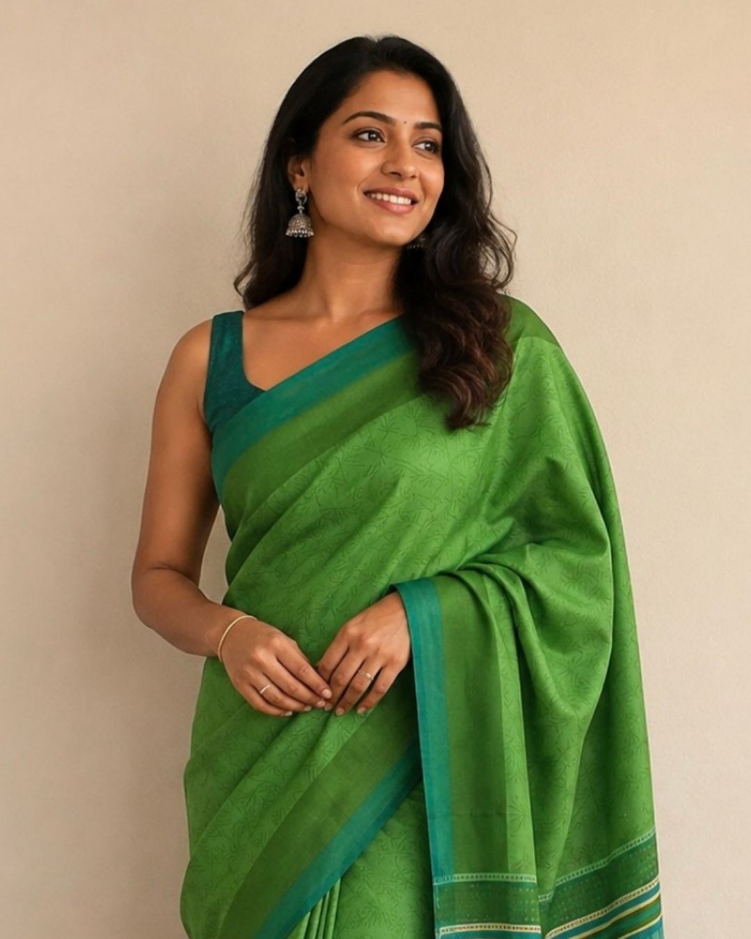 Green Printed Tussar Silk Saree