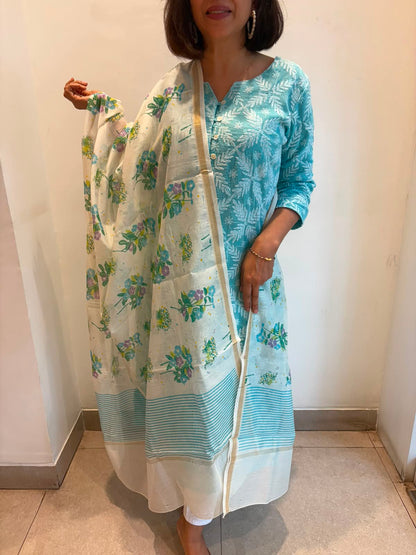 White Silk Cotton Multi Colour Floral Block Print Dupatta