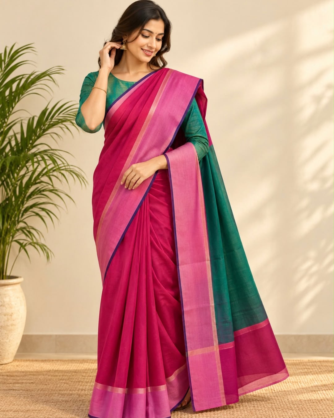 Pink Green Pallu Tussar Eri Silk Saree