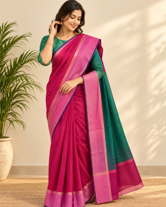Pink Green Pallu Tussar Eri Silk Saree - samasta.in