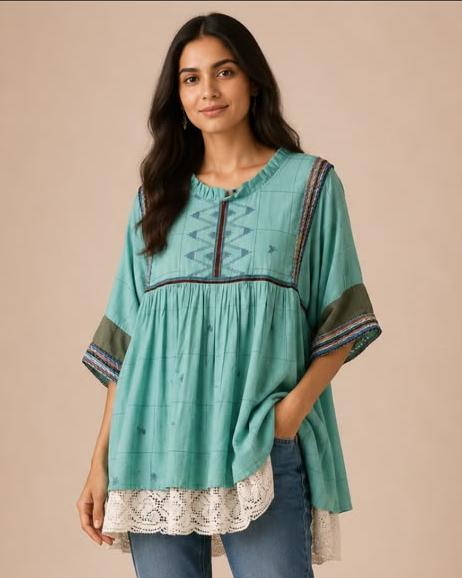 Mint Green Lase Pleated Jamdani Cotton Top