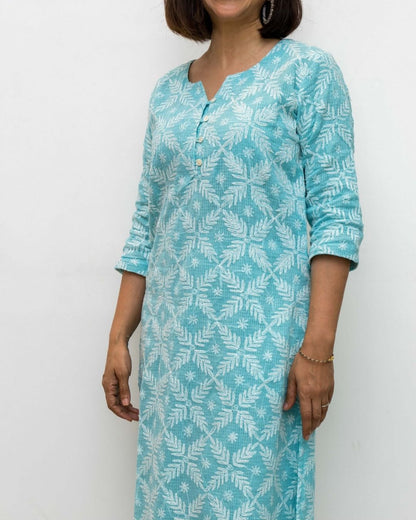 Turquoise Blue Chikankari Kota Kurta