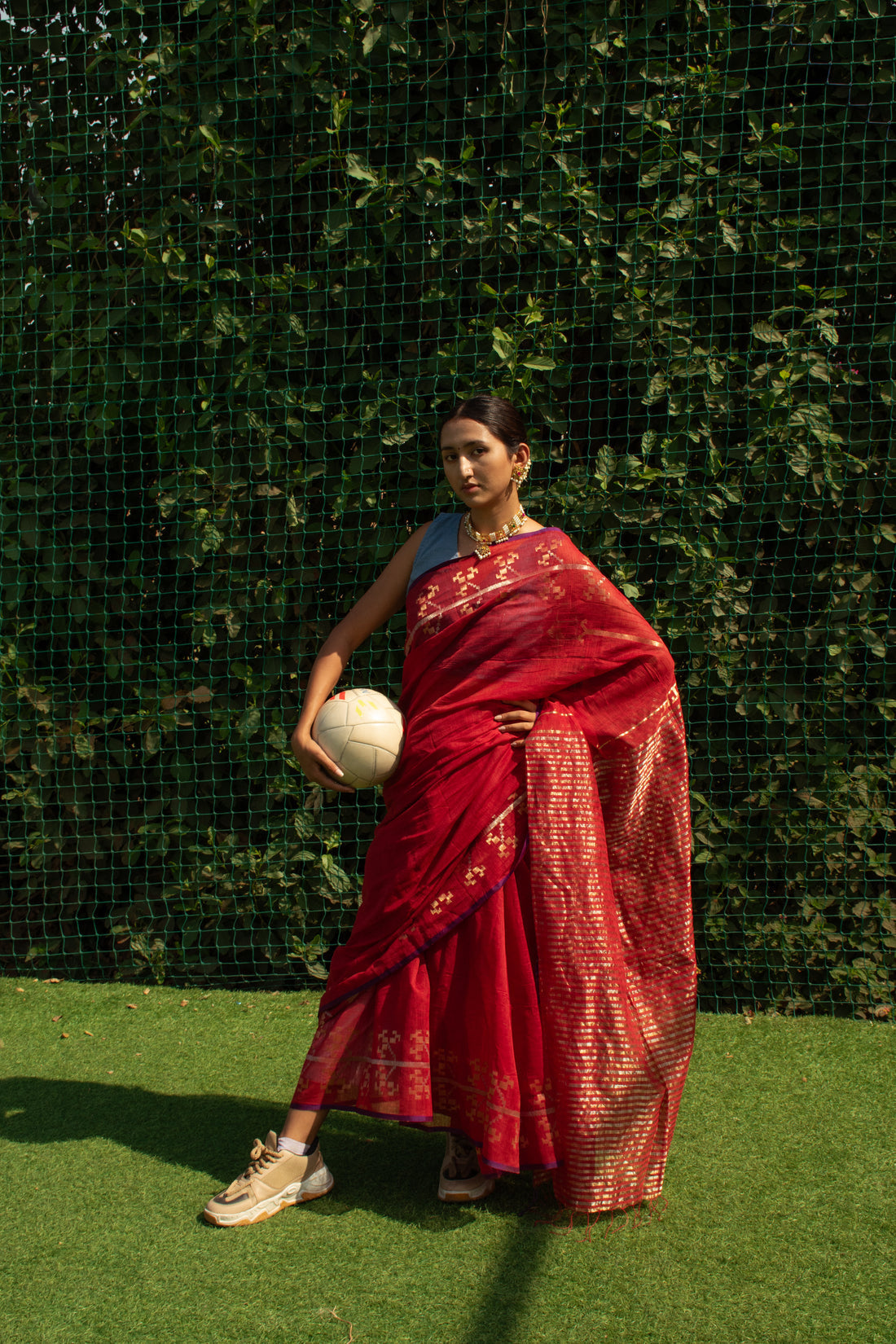 Red Gold Tissue Jamdani Khadi Silk Saree