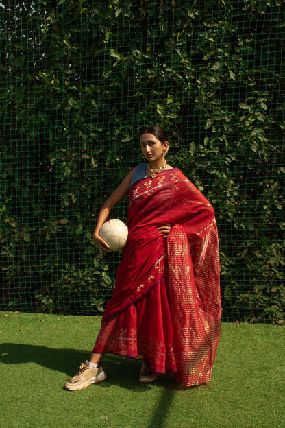 Red Gold Tissue Jamdani Khadi Silk Saree