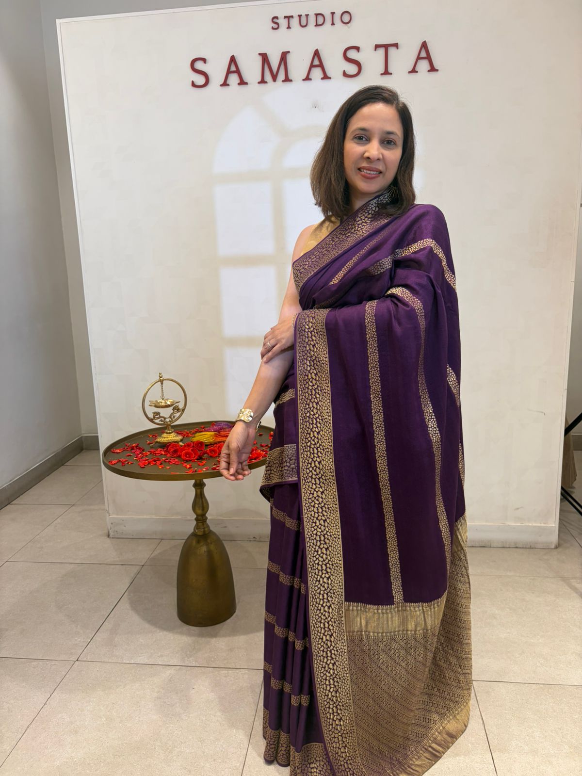 Purple Gold Band Crepe Silk Saree