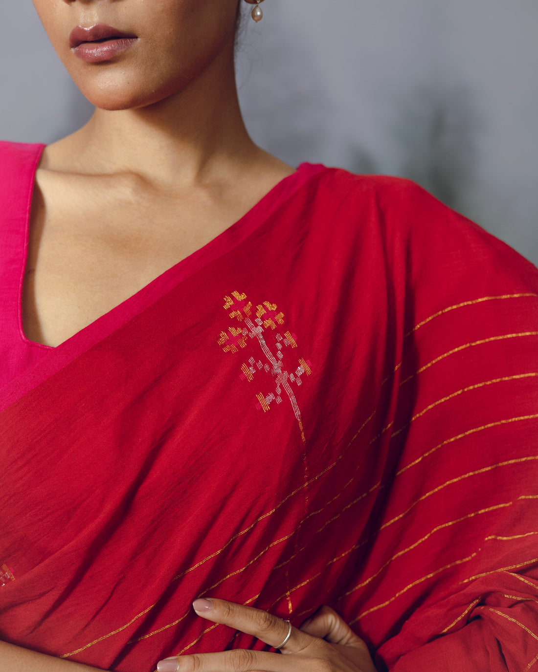 Red Jamdani cotton Saree