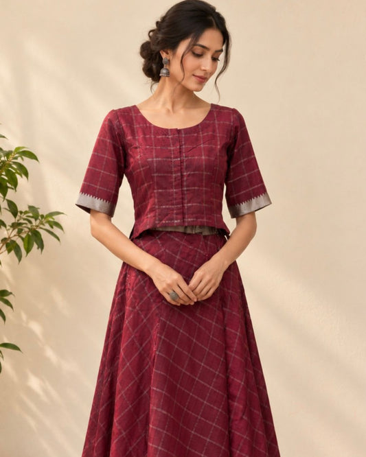 Maroon Silver Striped Temple Border Mangalgiri Silk Cotton Blouse - samasta.in #