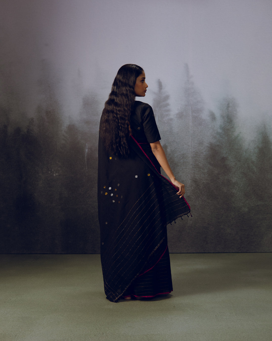 Black Zari Lines Jamdani Cotton Saree