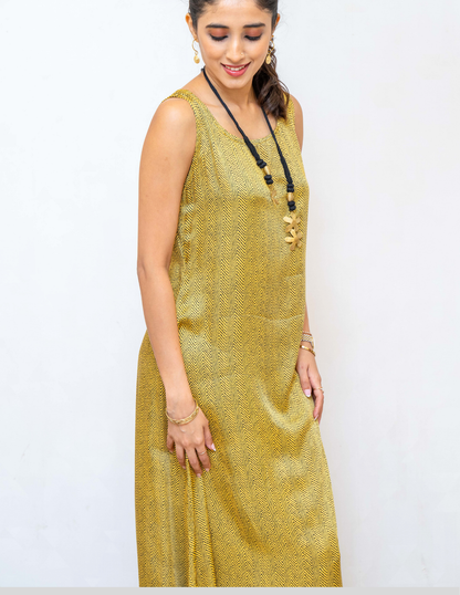 Yellow Black Zigzag Printed Sleeveless Modal Silk dress
