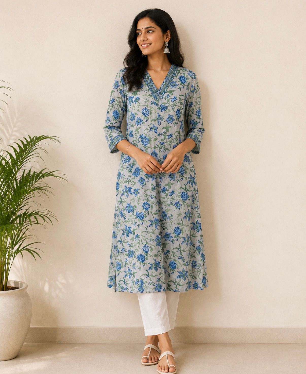 Grey V Neck Floral Muslin Silk Dress