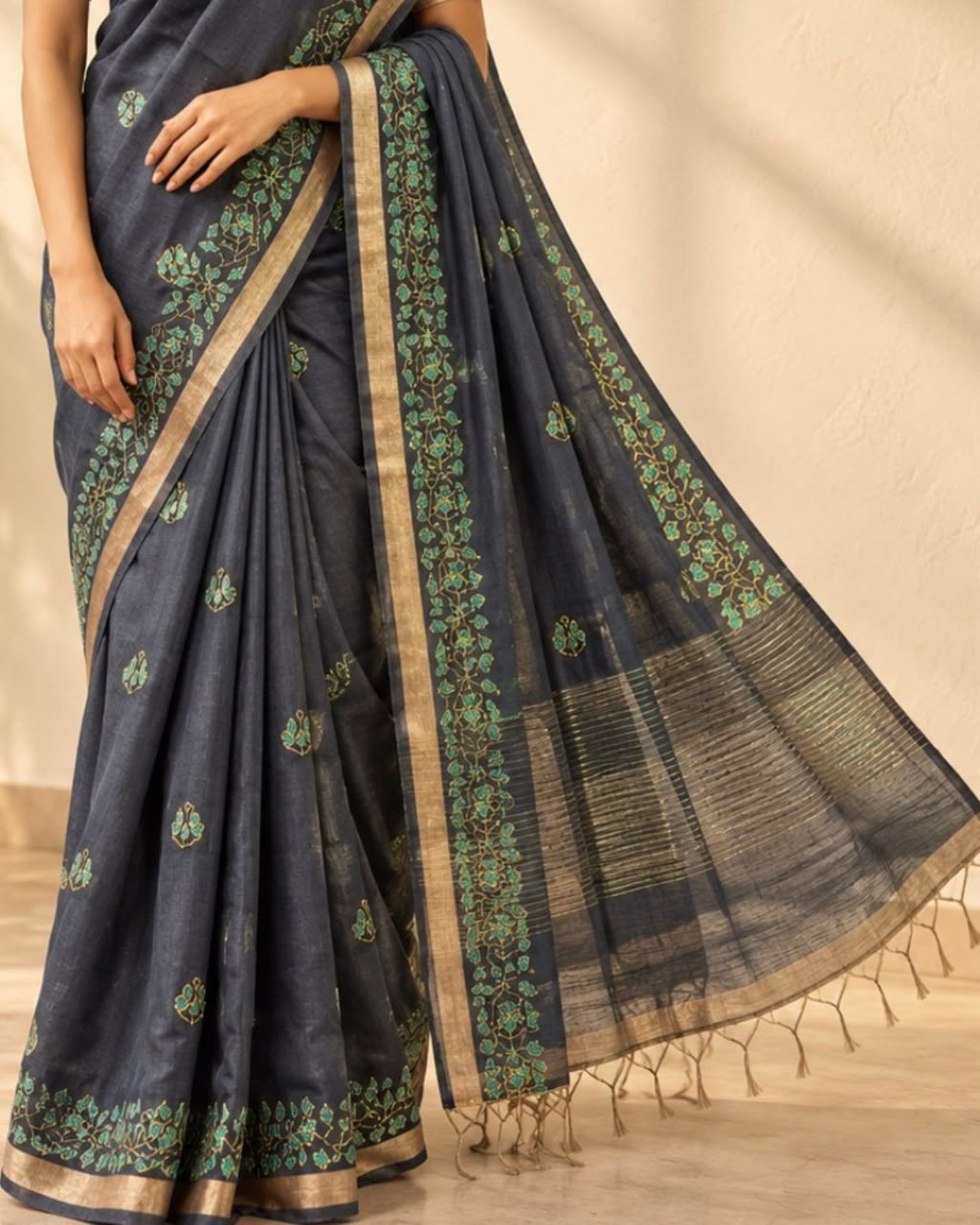 Dark Blue Gold Zari Border Embroidered Floral Buttas Mulberry Silk saree