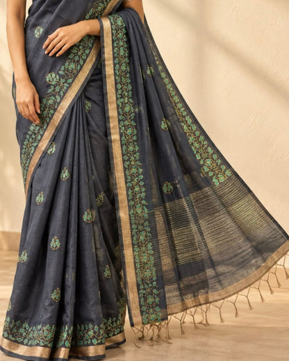 Dark Blue Gold Zari Border Embroidered Floral Buttas Mulberry Silk saree