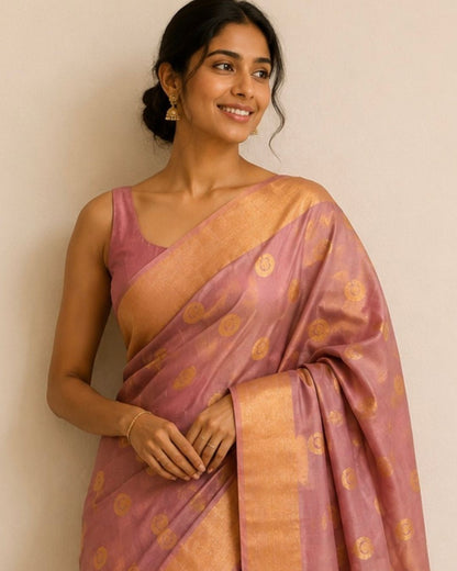 Rose Gold Moon Flower Buta Chanderi Silk Saree