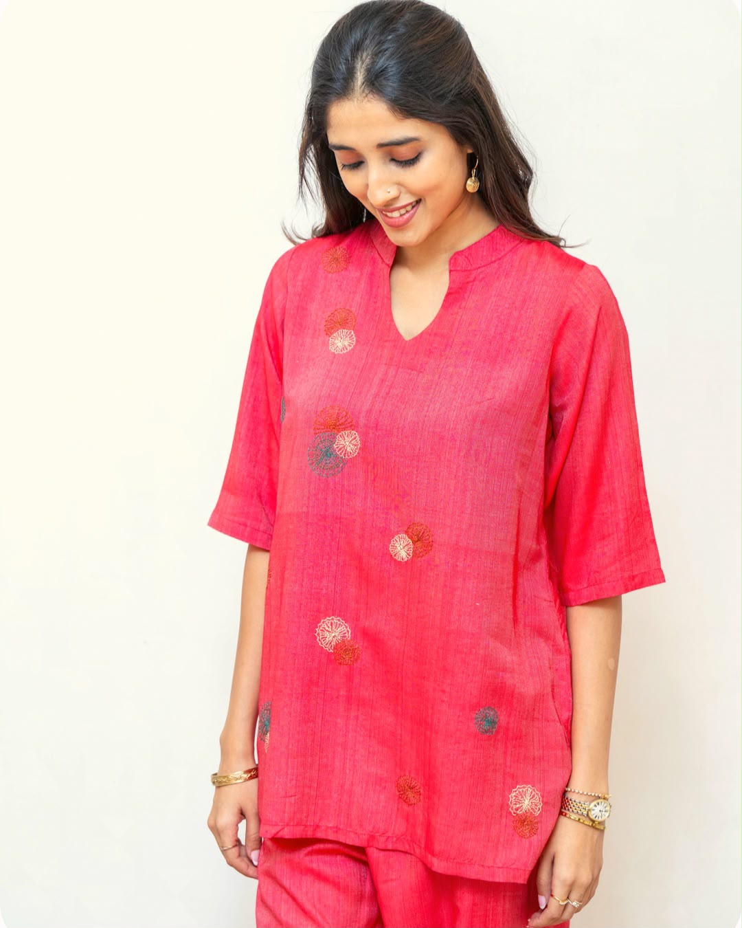 Red Chinese Collar Tussar Cotton Top