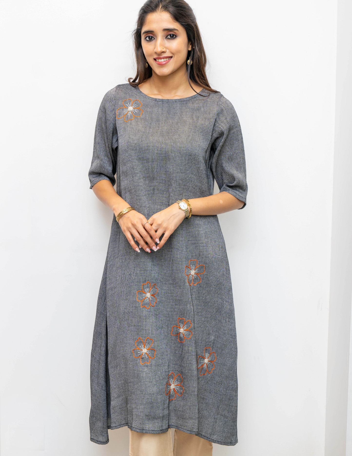 Grey Flower Embroidery Cotton Dress